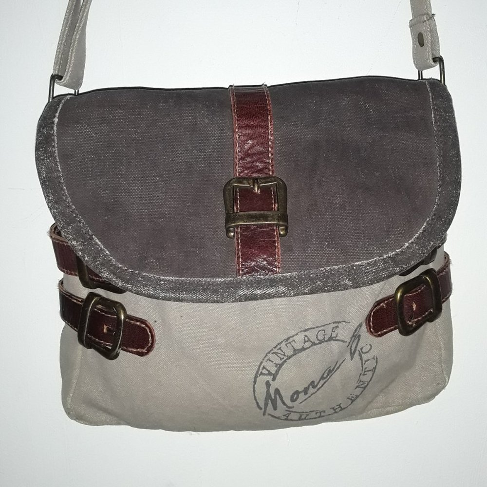 Mona B Authentic Vintage Flap-Over Canvas and Leather Messenger Crossbody